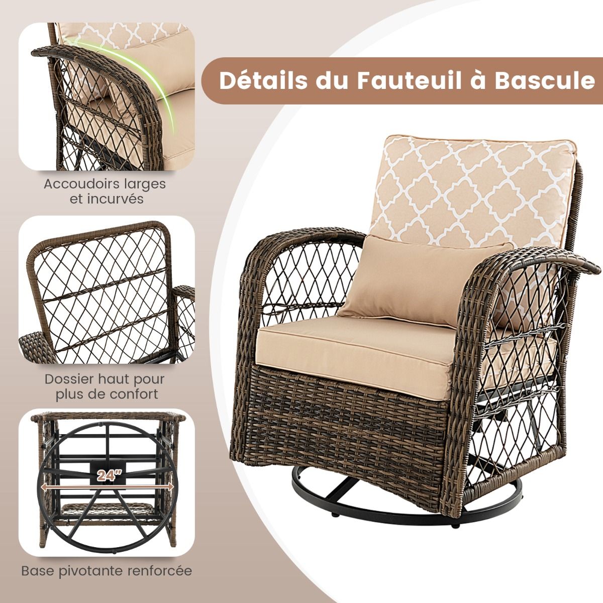 Salon de Jardin Extérieur 3PCS - 2 en Fauteuils à Bascule Pivotant à 360°Rotin PE Cadre Métal our Terrasse Balcon