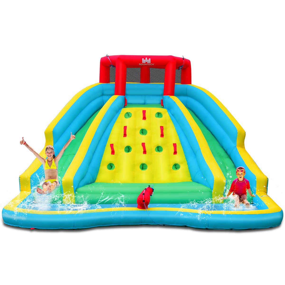 Toboggan Aquatique Gonflable 5 en 1 avec Pataugeoire Aire de Jeux Gonflable en Oxford avec Mur d'Escalade Charge 150kg pour 3-10 Ans (sans Souffleur)