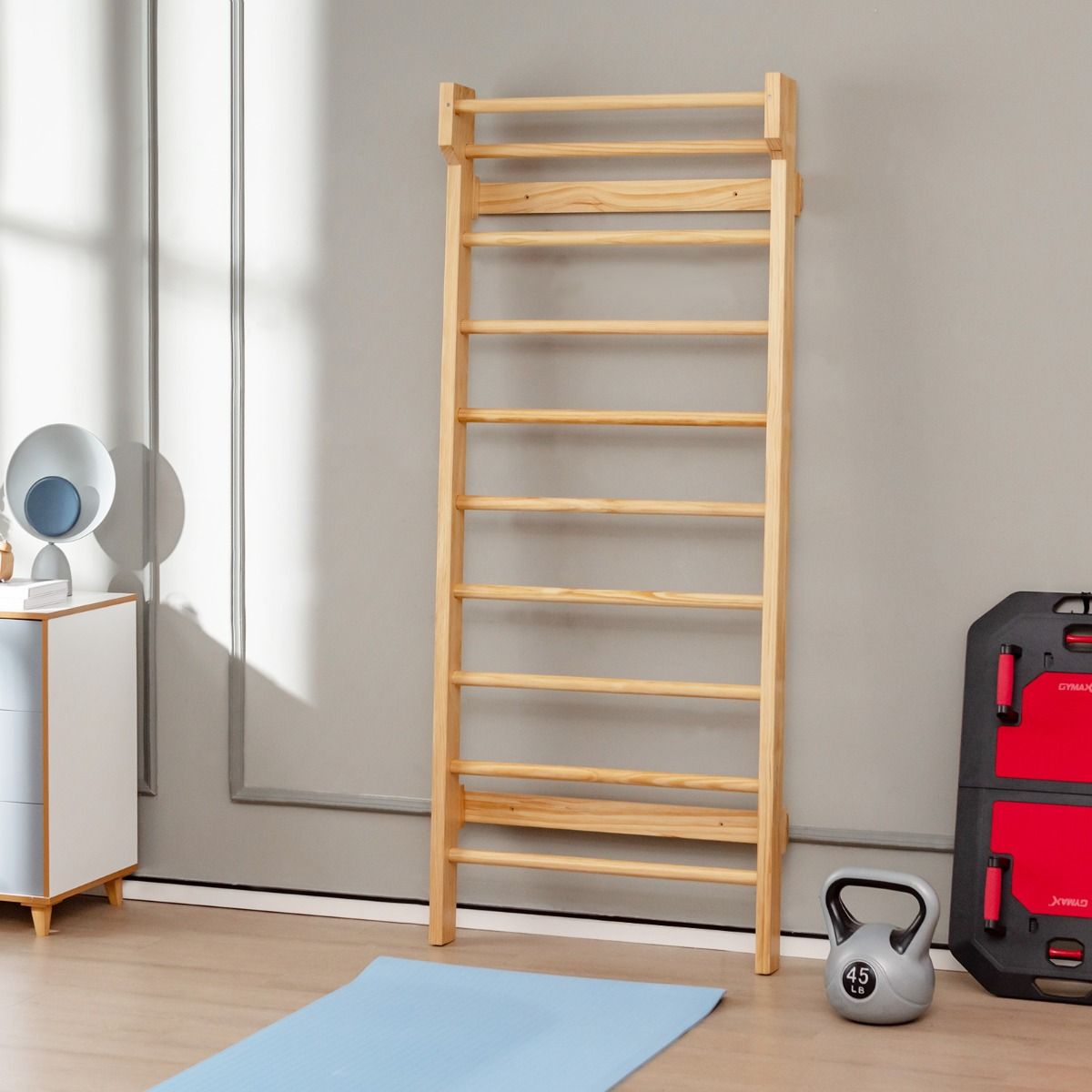 Espalier Mural Espalier de Gymnastique Capacité 150 kg Diamètre Barre 3,3 cm en Bois de Pin 195x80x14cm Naturel