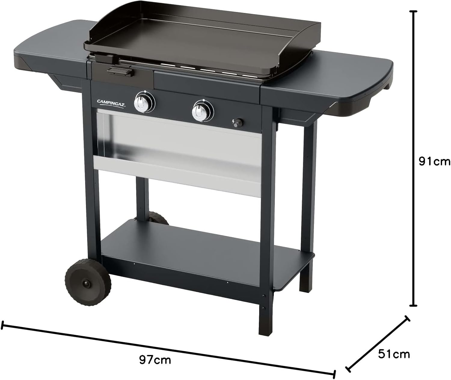 Campingaz Plancha EXB Plus, plancha au gaz sur chariot, grill gastronomique avec plaque en acier émaillé et 2 brûleurs, puissance 7500 W, pour des grillades méditerranéennes, Noir