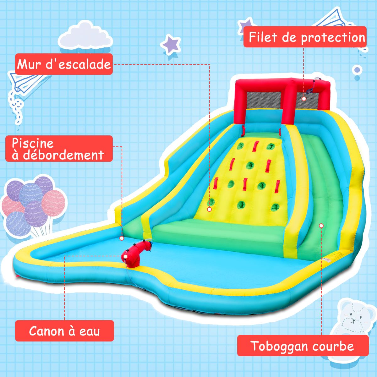 Toboggan Aquatique Gonflable 5 en 1 avec Pataugeoire Aire de Jeux Gonflable en Oxford avec Mur d'Escalade Charge 150kg pour 3-10 Ans (sans Souffleur)