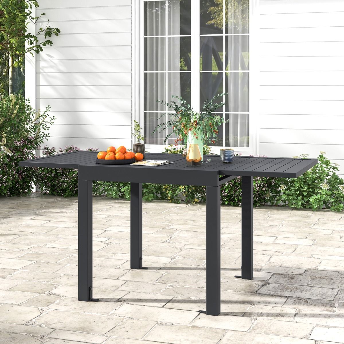 Table de Jardin Extensible en Aluminium Ajustable de 80 à 160 CM Table à Manger Extérieure Plateau à Lattes pour 4-6 Personnes Gris Foncé
