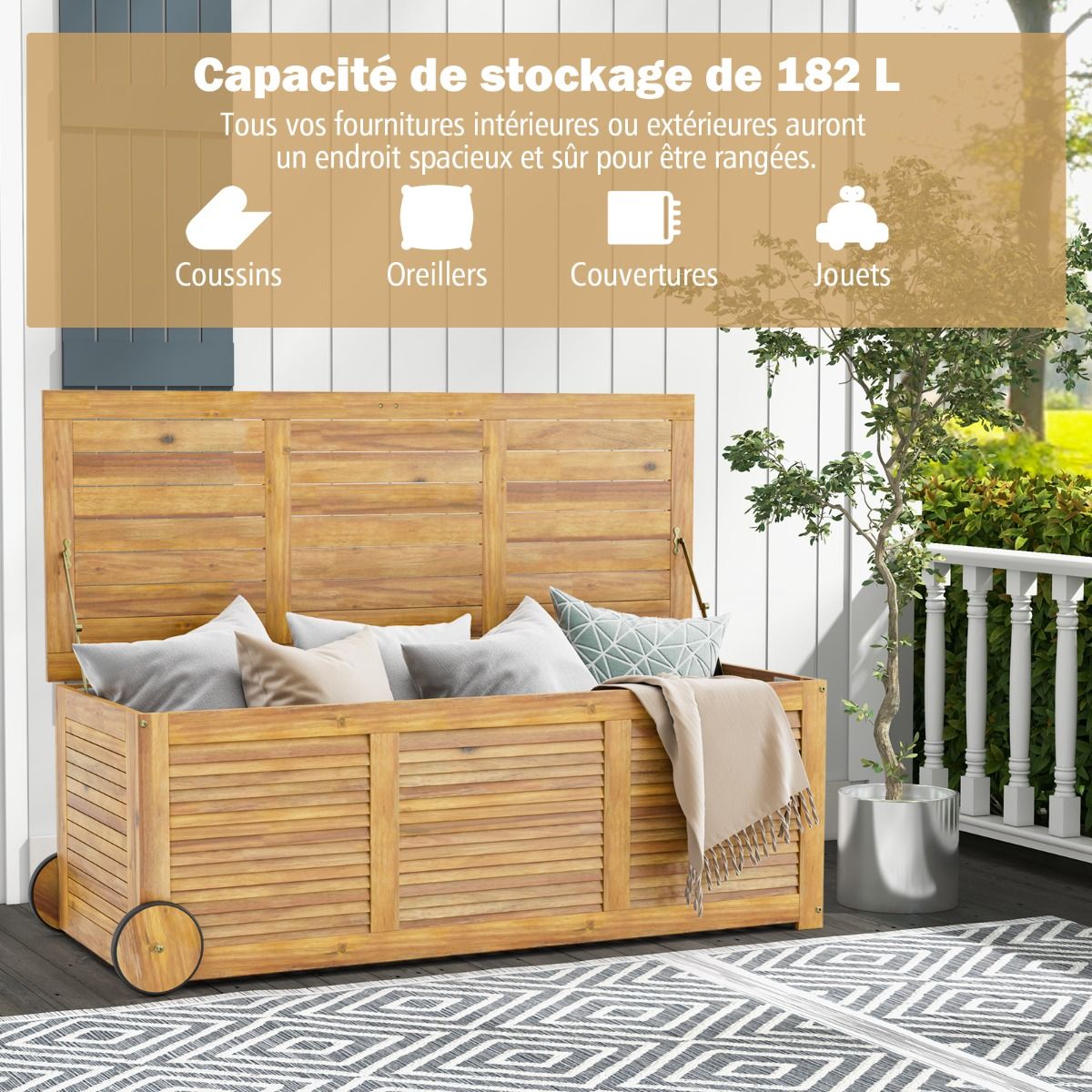 Coffre de Rangement 182L en Bois d’Acacia Charnière en Métal Banc de Rangement à Roulettes Extérieur pour Jardin Patio