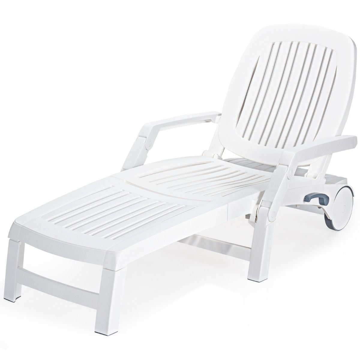 Chaise Longue Inclinable Réglable à 5 Positions avec Roues Flexibles Fauteuil Relax de Camping avec Boîte de Rangement Charge 150KG Blanc