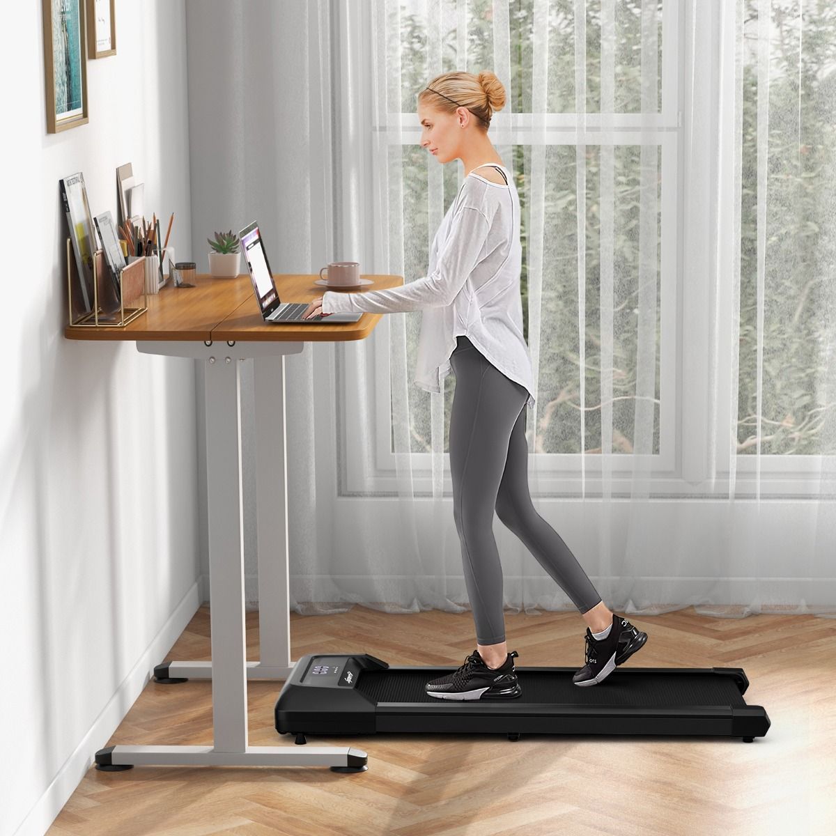 Tapis de Course Mince Tapis de Jogging avec Capacité de 120 Kg Télécommande et Écran Led Inclinable à Roulettes Tapis de Course à Glisser Gris/Noir/Rose