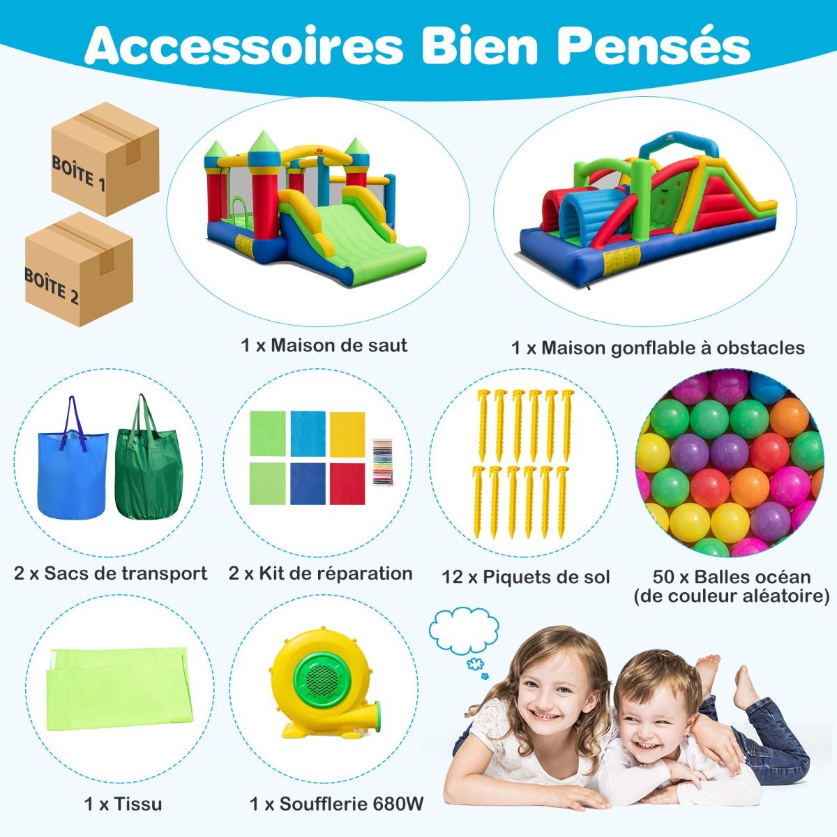 Château Gonflable pour 4 Enfants avec 2 Toboggans Tunnels Zone de Rebond Escalade Obstacles Maison de Jeu avec Souffleur de 680 W