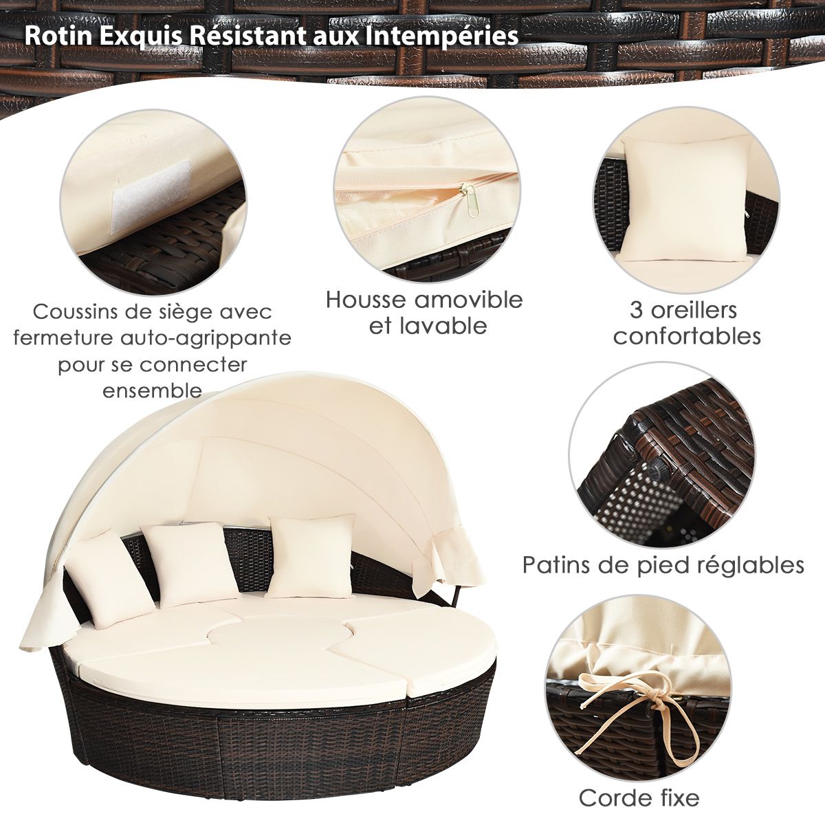 Lit de Jardin Rond d'Exterieur Table Relevable Modulable & Convertible - Pare Soleil Réglable rotin PE Coussins Inclus  Beige