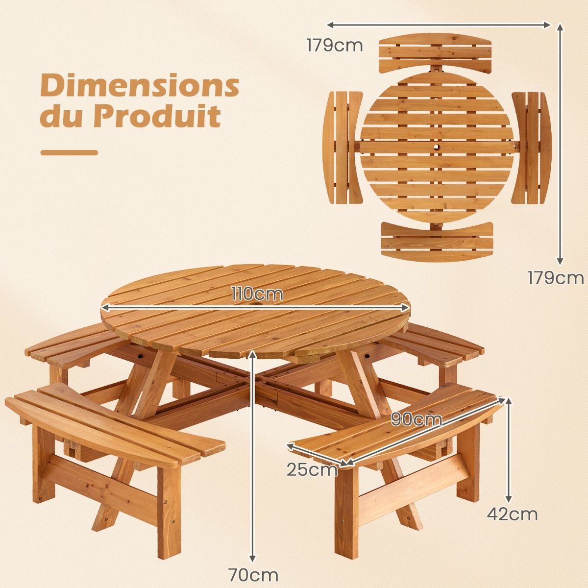 Ensemble Table de Pique-Nique en Bois pour 2 à 8 Personnes Set Table et Banc Circulaire avec 4 Bancs Intégrés Trou de Parasol de 5cm Marron/Jaune