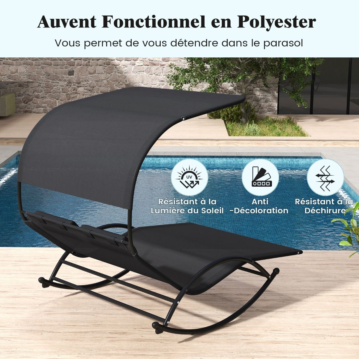 Chaise Longue Double Chaise à Bascule pour 2 Personnes 2 Appui-Têtes Amovibles Cadre en Métal Robuste Lit de Repos Ergonomique 2 Places Gris/Noir/Beige