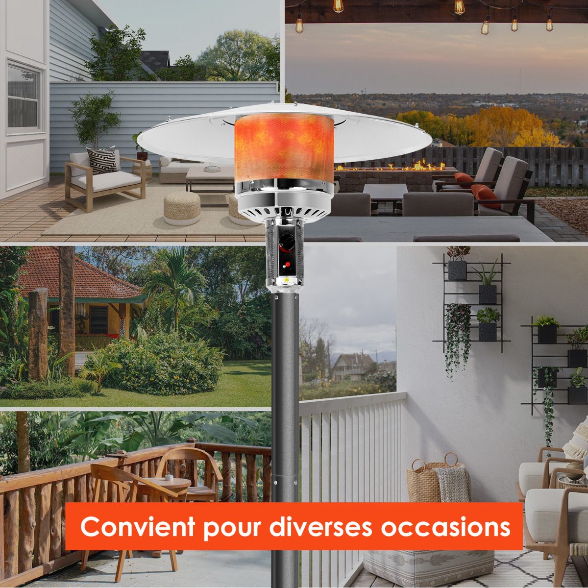 Parasol Chauffage Extérieur à Gaz 13KW Réflecteur 82cm avec Dispositif de Anti-basculement Tube 2 Roues Fluide 220cm Noir