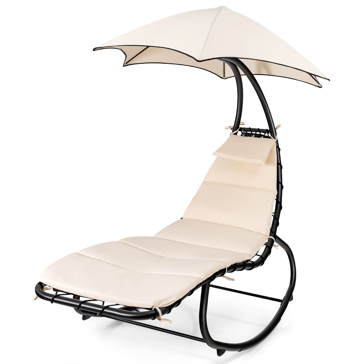 Bain de Soleil à Bascule Transat Suspendu avec Pare-Soleil&Coussin Hamac Charge 150KG 189 x 186 x 90cm Beige