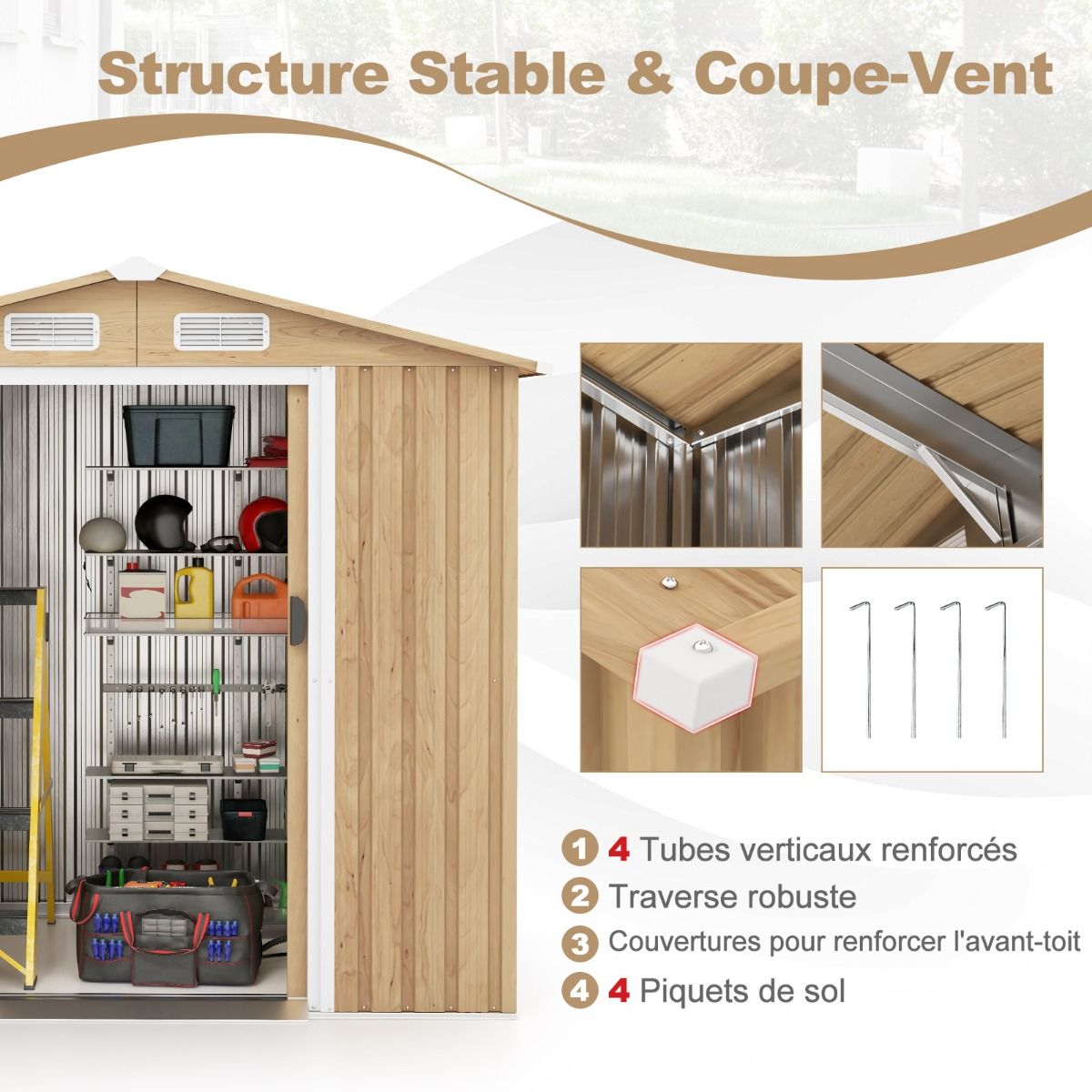 Abri de Jardin 2.3㎡ en Acier Galvanisé Anti-UV 196x142x186cm Cabane de Jardin Exterieur 3.7m³ avec Porte Coulissante Rampe Naturel
