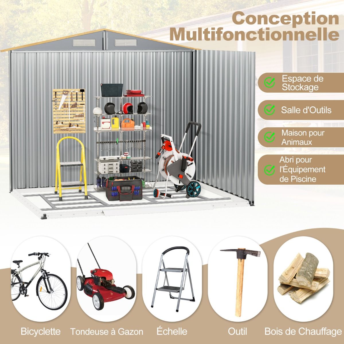 Abri de Rangement 259cm x196cm avec Base de Fondation Maison à Outils en Métal Galvanisé avec 4 Aérations Imperméable et Coupe-vent Naturel