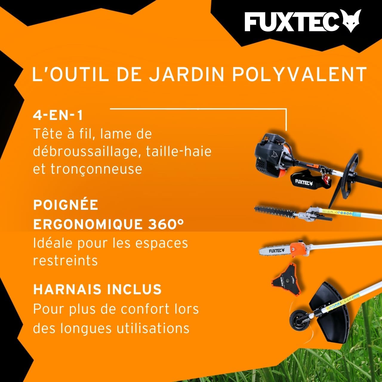Fuxtec Débroussailleuse Thermique Multifonction 5 en 1 Multitool FX-MT152E - Easy Starter 3CV 52 cm³, Moteur 2 Temps, Élagueuse Taille Haie Coupe Bordure Avec Fil ou Lame 1 Mètre Rallonge