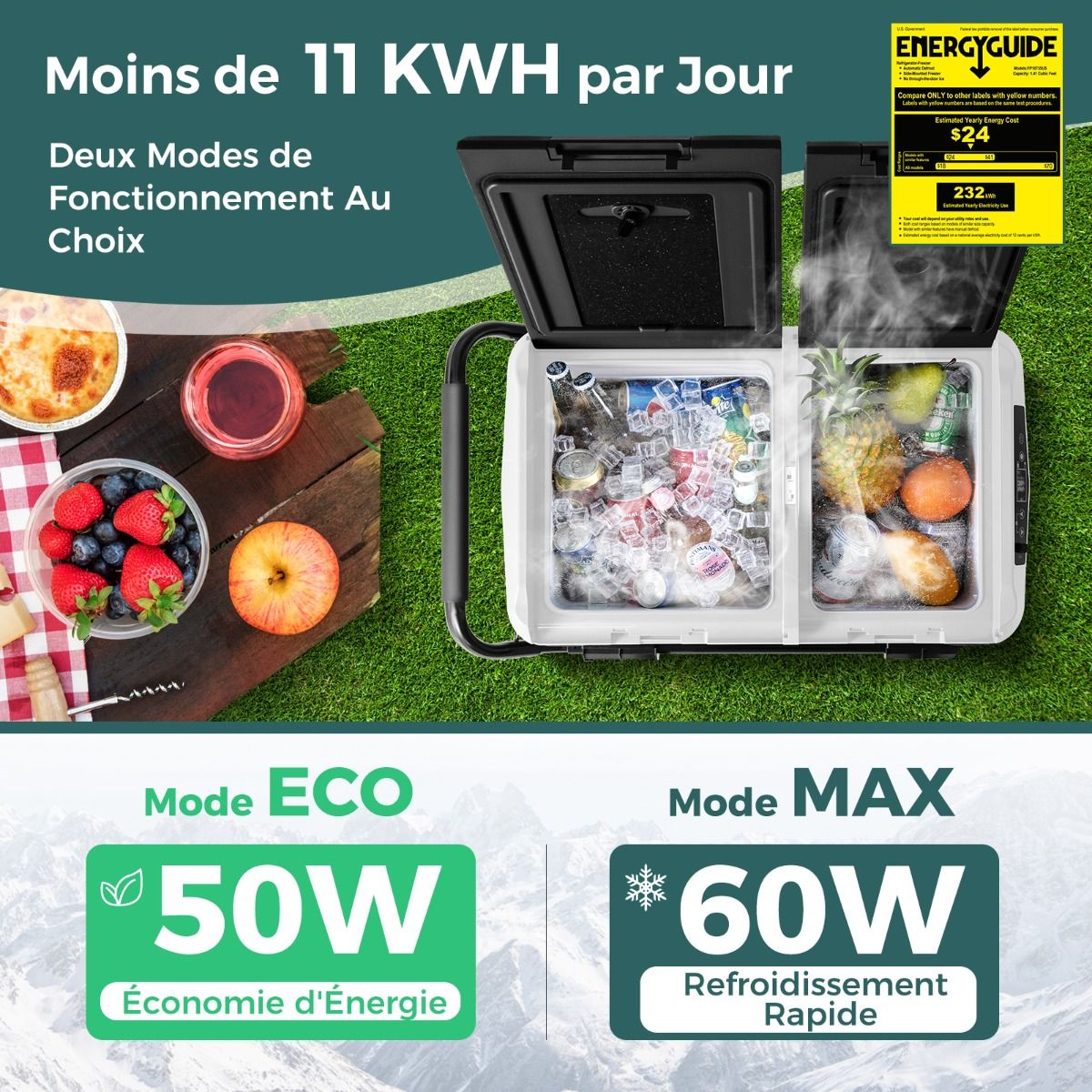 Glacière Électrique Portable Double Zone 40L Réfrigérateur de Voiture 12 V à Compresseur -20℃ ~ 20℃ 12/24V CC et 100-240V CA Noir