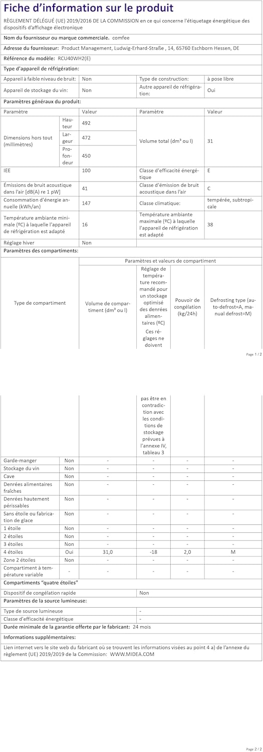 COMFEE’ RCU40WH2(E) | Mini Congélateur 31L 4 Étoiles