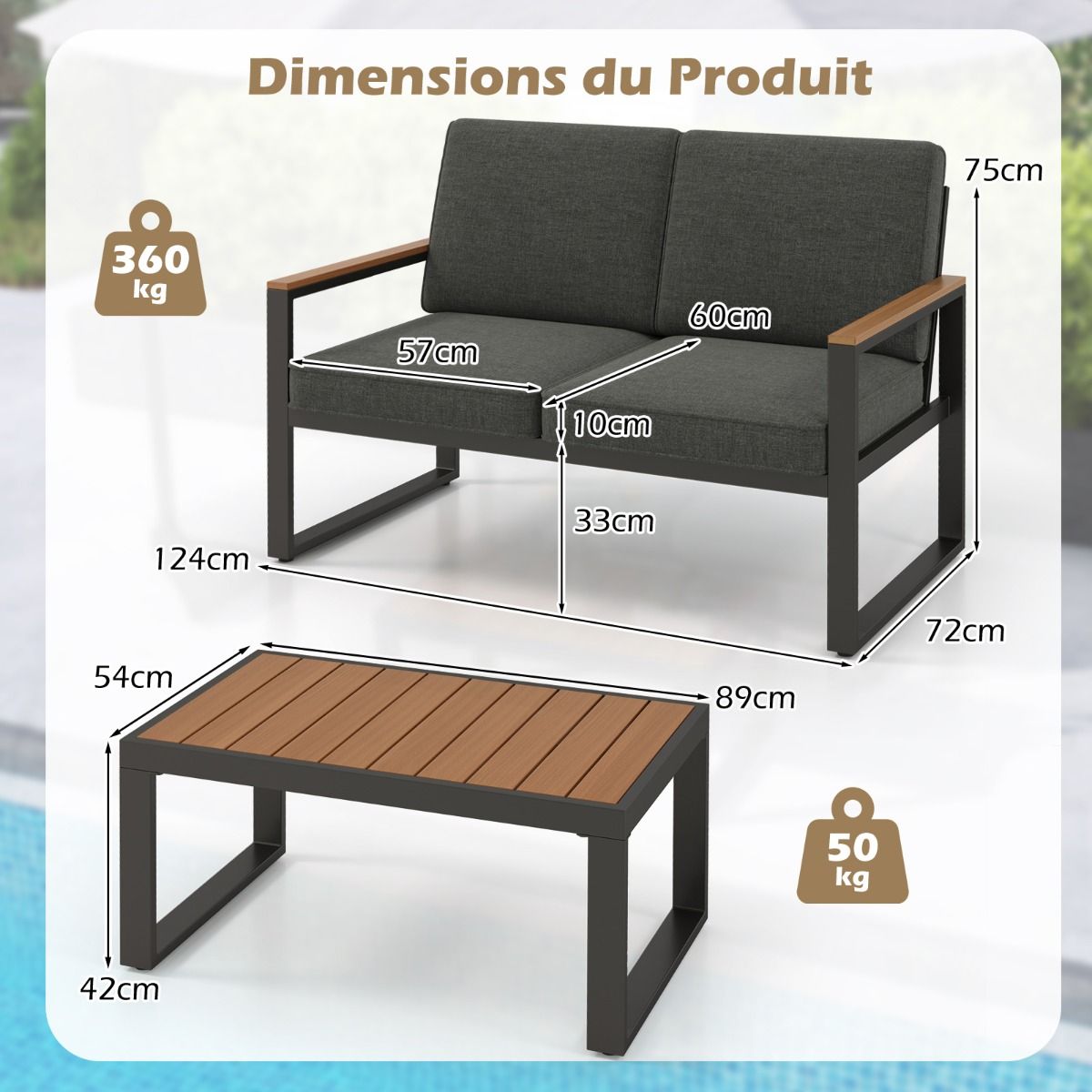 Salon de Jardin 2 Pièces avec Table Basse Causeuse Ensemble de Meubles d'Extérieur en Aluminium avec Accoudoirs Gris