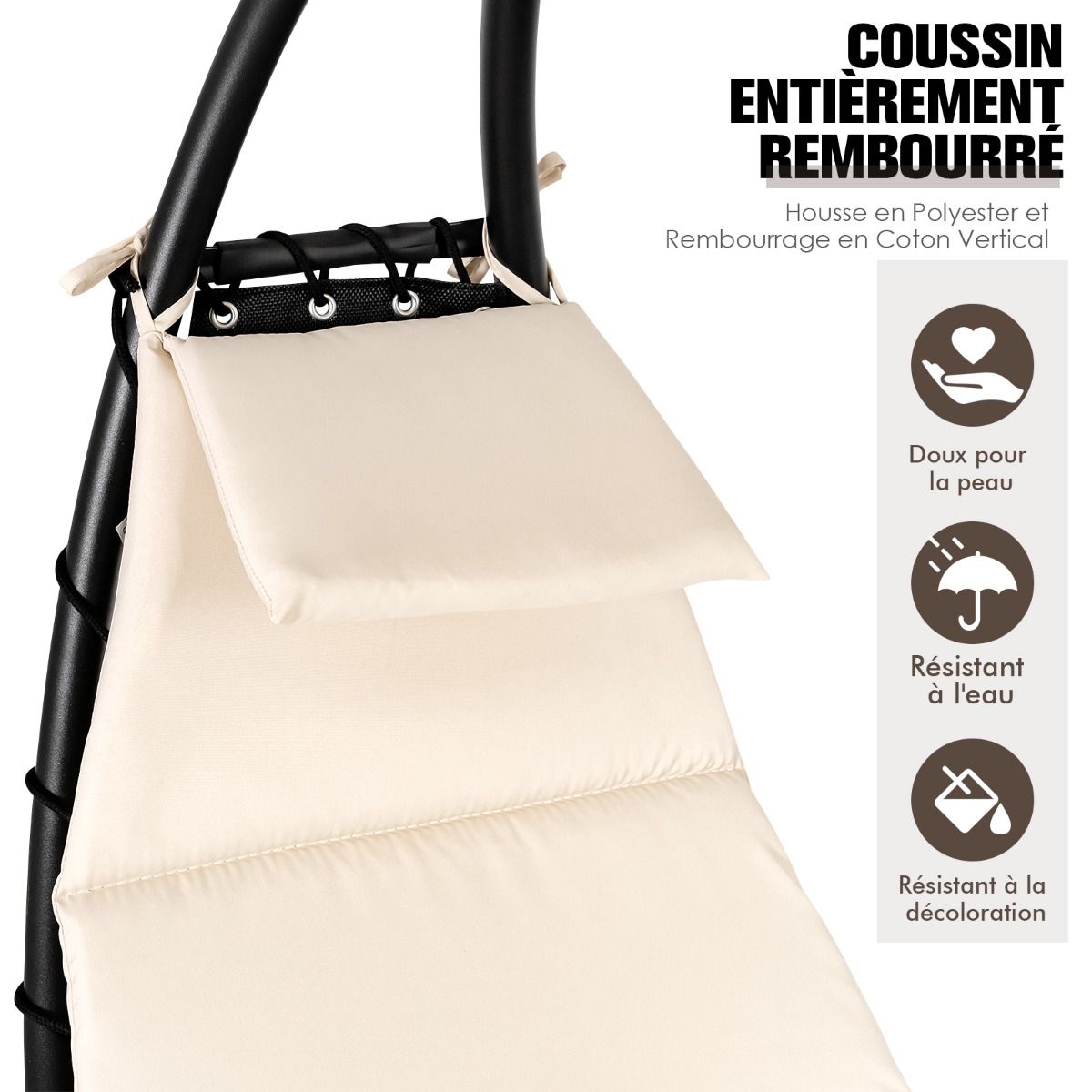 Bain de Soleil à Bascule Transat Suspendu avec Pare-Soleil&Coussin Hamac Charge 150KG 189 x 186 x 90cm Beige