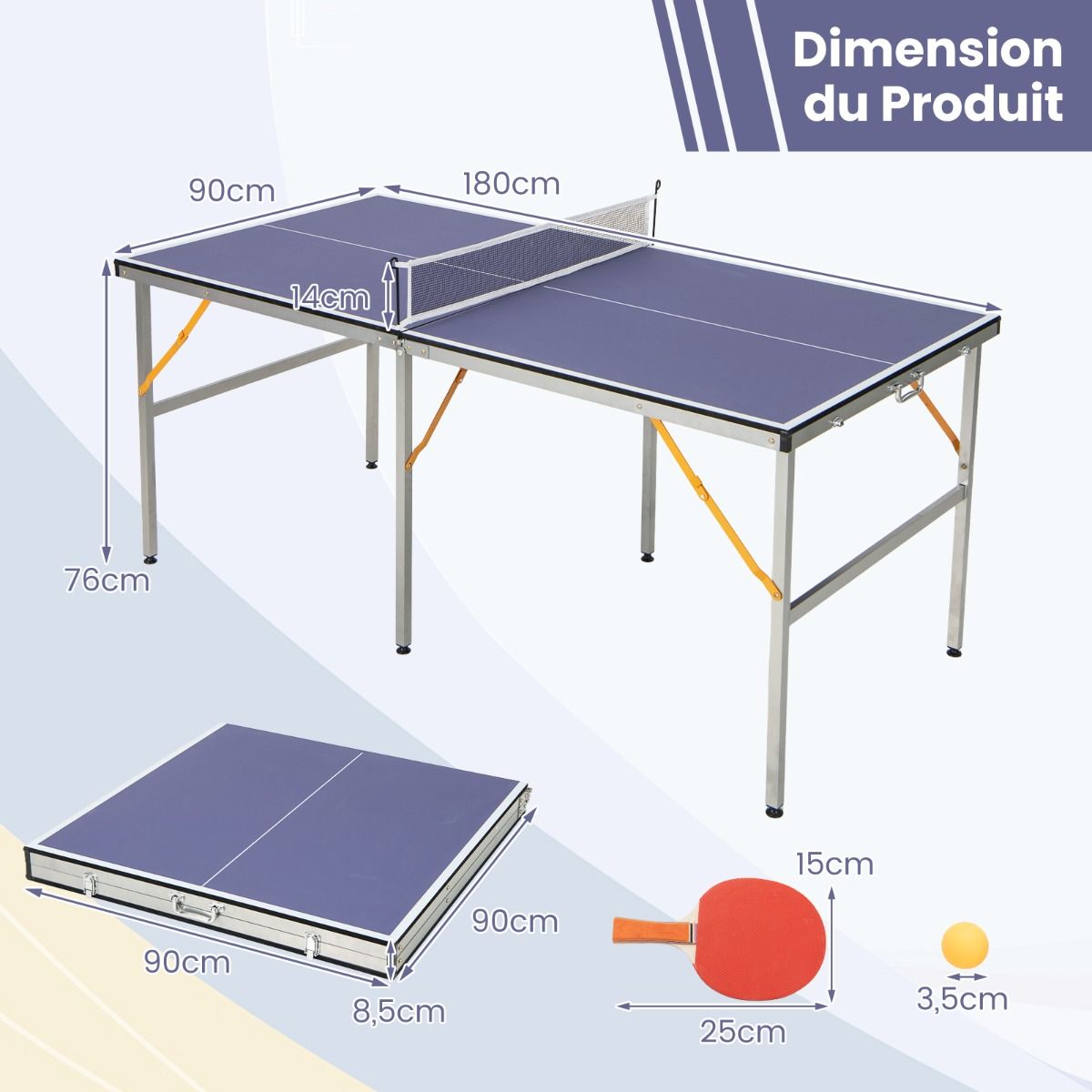 Table de Ping-Pong Pliable Peu Encombrante avec Filet Tennis de Table avec 2 Raquettes 3 Balle Pieds Réglables 180 x 90 x 76 cm
