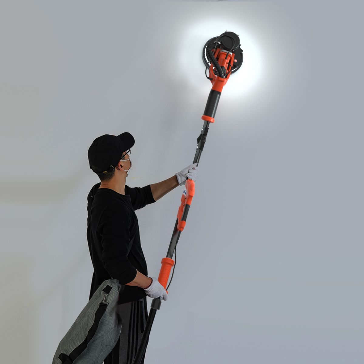 Ponceuse à Plâtre Murale 750W Ø 225mm Aluminium 6 Vitesses Variables Lumières LED Manche Télescopique 12 Disques Abrasifs