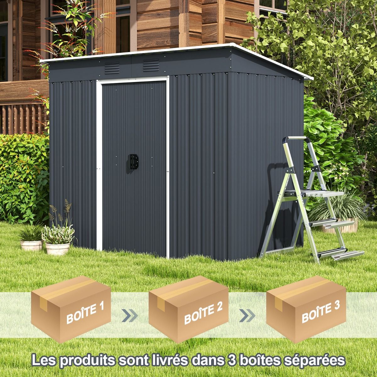 Abri de Jardin Métal 2,4 ㎡ Toit Monopente Cabane de Jardin 2 Portes Coulissantes Verrouillables Fondation 2 Trous d'Aération Gris