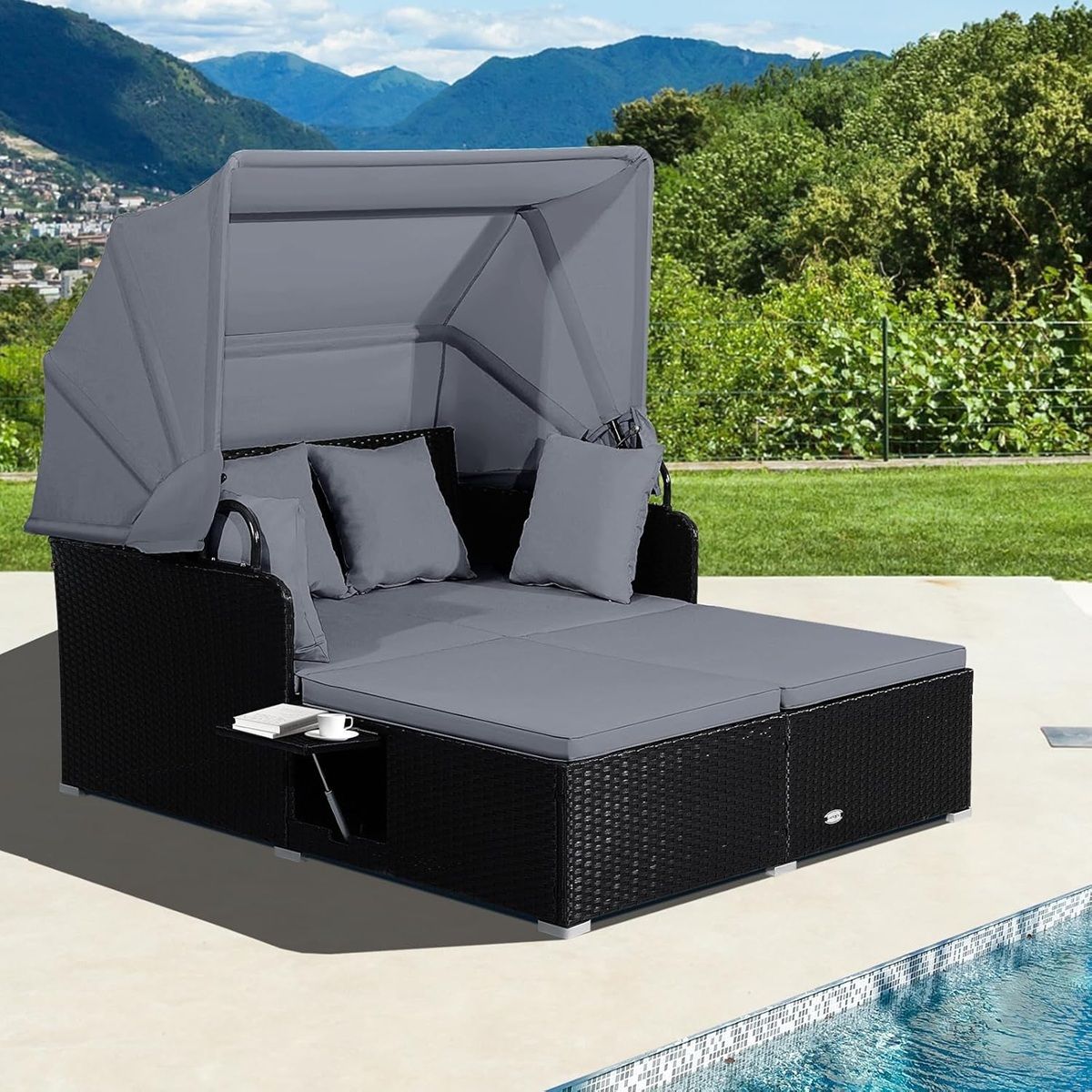 Chaise Longue à 2 Places en Rotin avec Auvent Rétractable Bain de Soleil avec Panneaux Latéraux Pliables Charge 360KG Beige/Gris