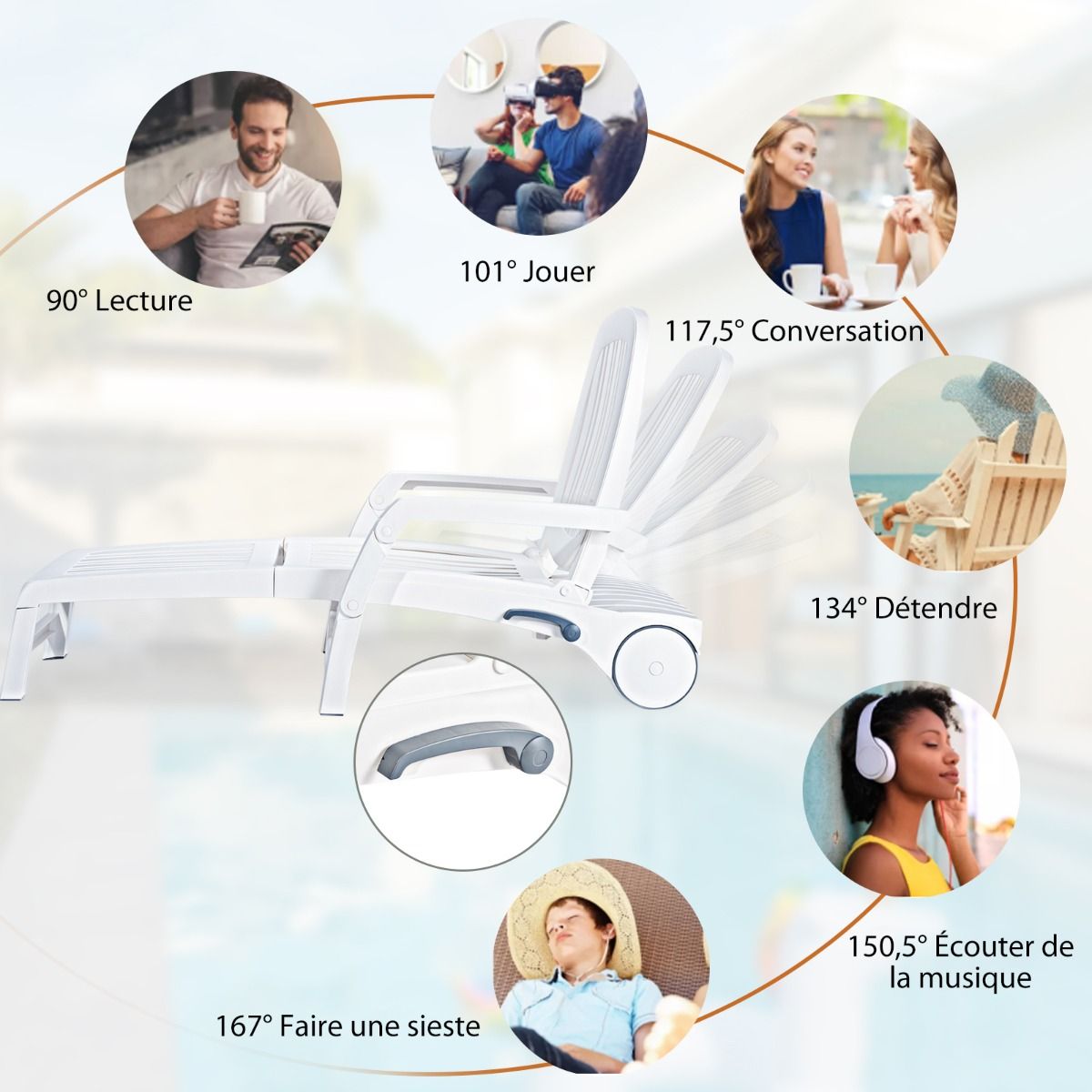 Chaise Longue Inclinable Réglable à 5 Positions avec Roues Flexibles Fauteuil Relax de Camping avec Boîte de Rangement Charge 150KG Blanc