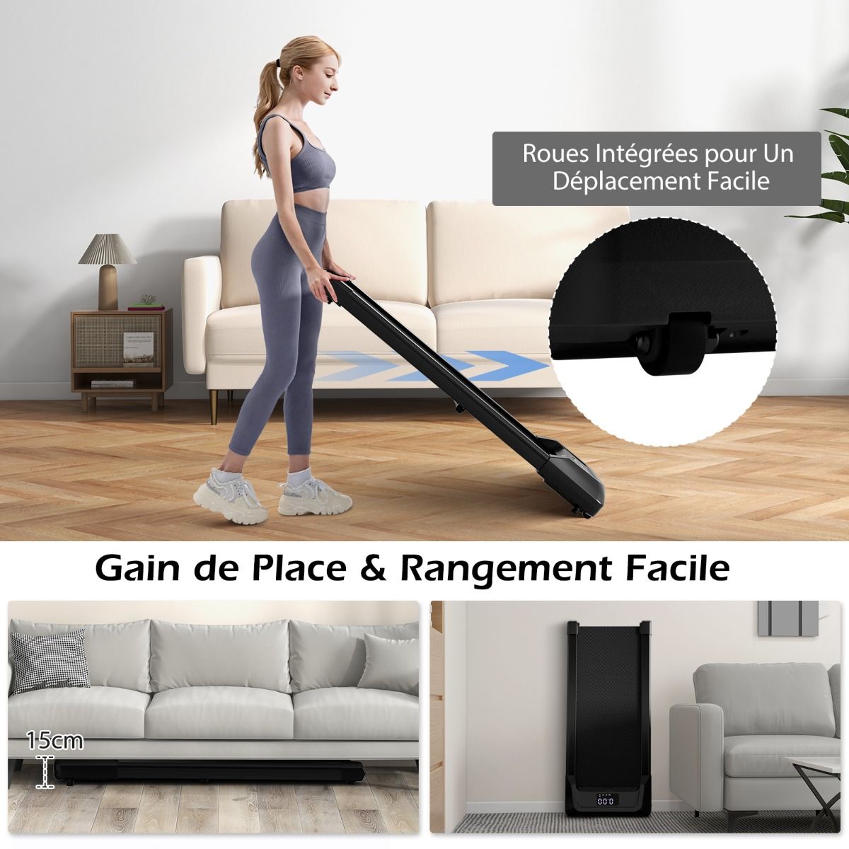 Tapis de Course Mince Tapis de Jogging avec Capacité de 120 Kg Télécommande et Écran Led Inclinable à Roulettes Tapis de Course à Glisser Gris/Noir/Rose