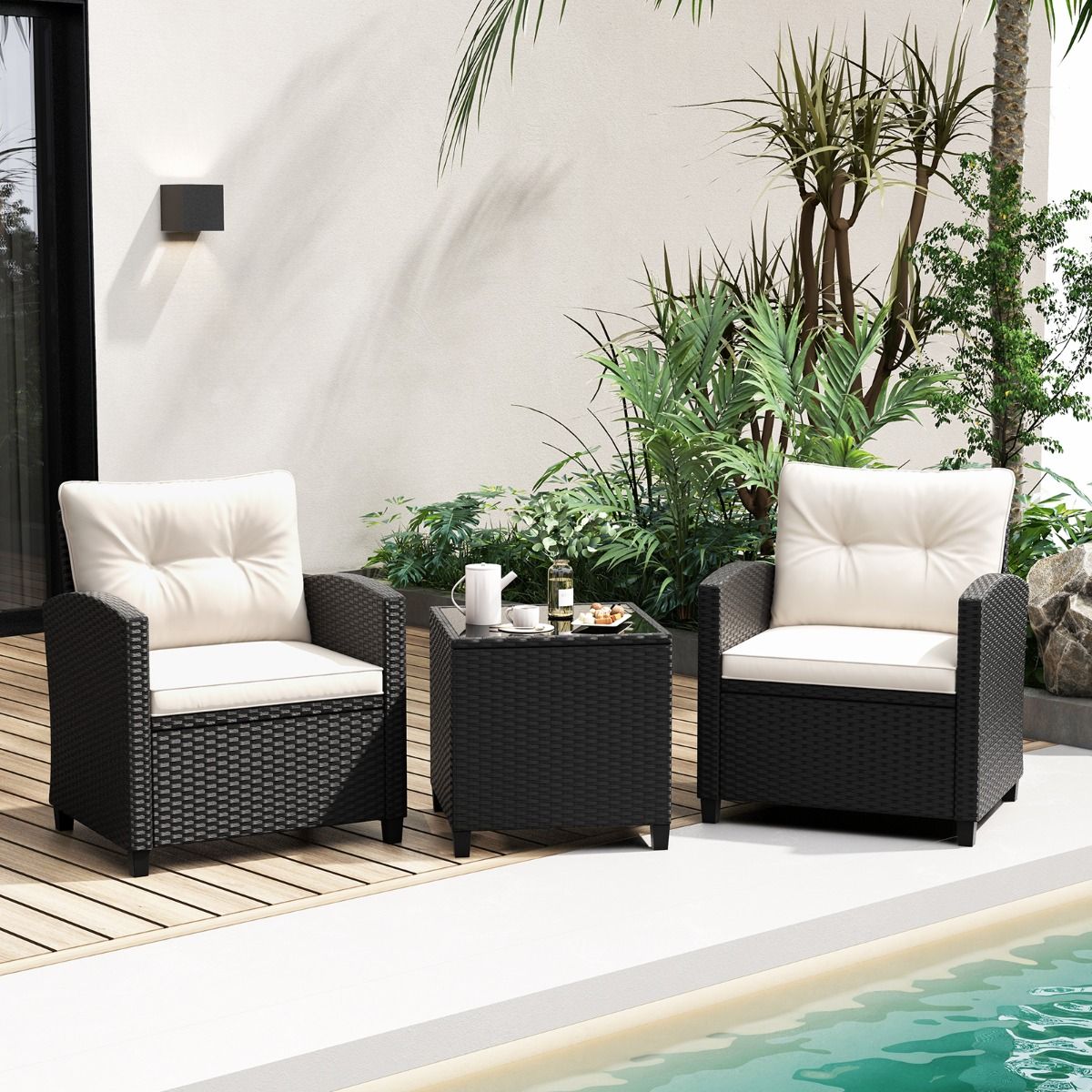 Ensemble de Meubles 3 Pièces de Patio en Rotin Charge 180KG Salon de Jardin 2 Fauteuils Table Basse avec Plateau Noir/Beige/Blanc
