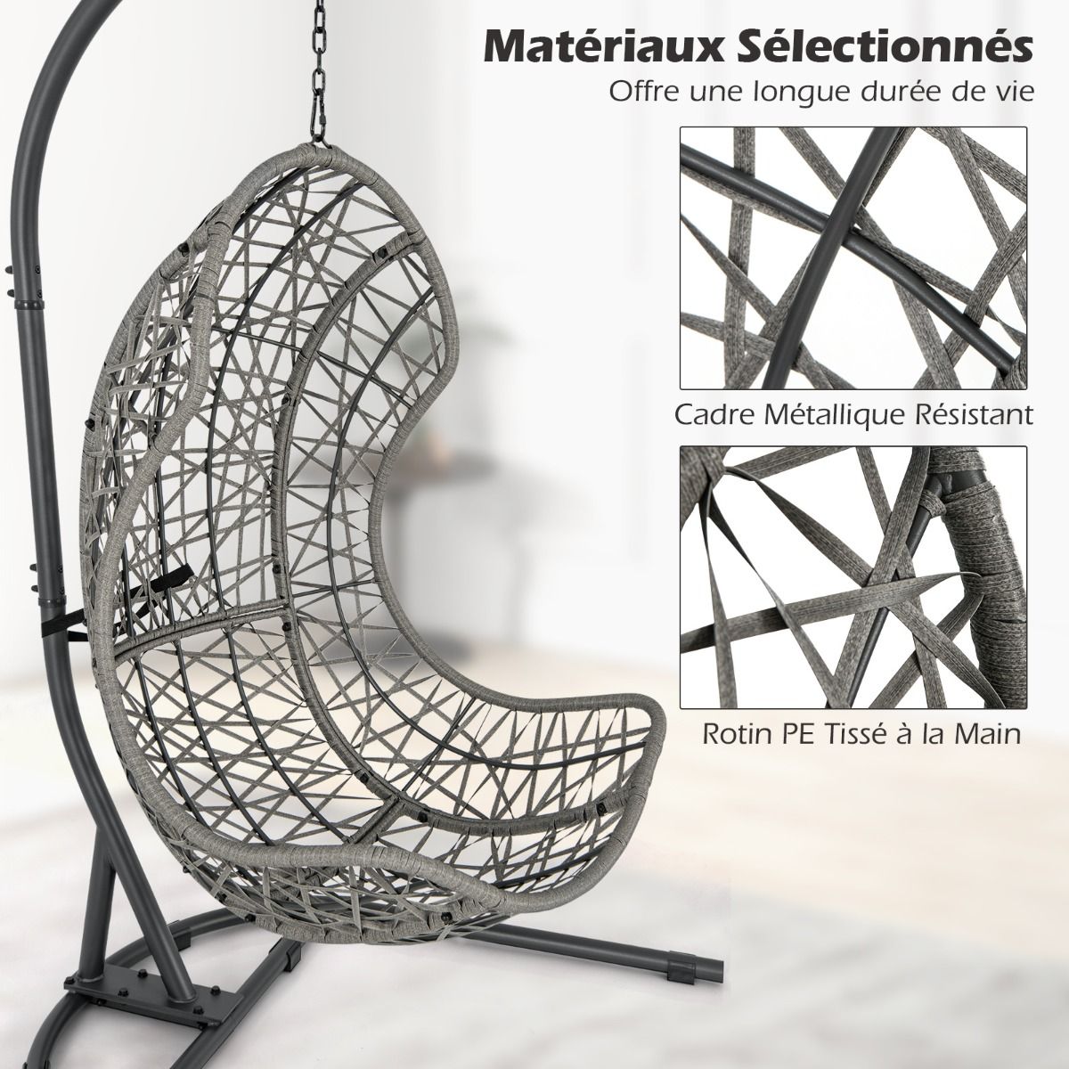 Chaise Oeuf en Rotin PE avec Support avec Oreiller et Coussin Chaise Suspendue avec Accessoires de Suspension Capacité 160 Kg Gris