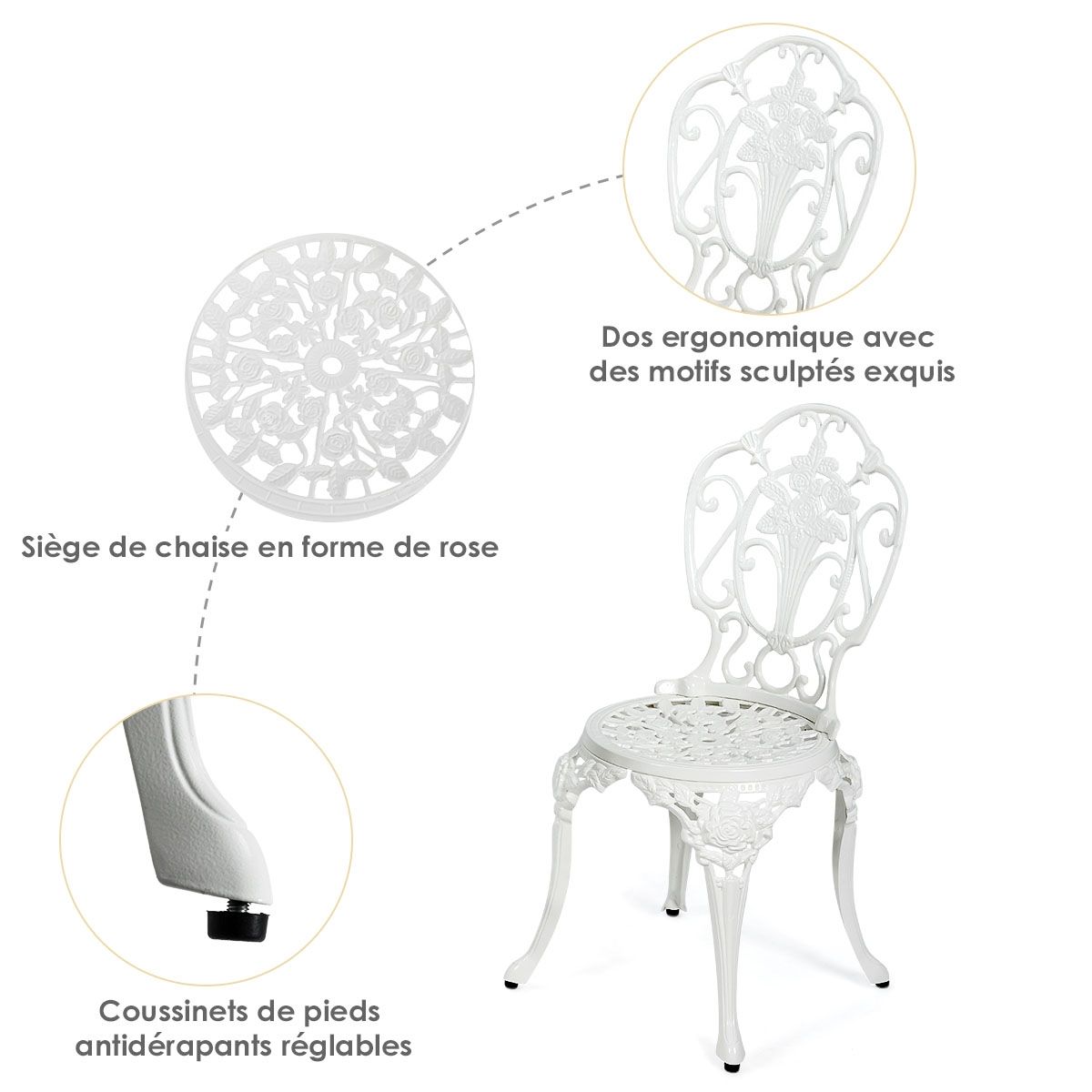 Ensemble Table et 2 Chaises pour Jardin en Aluminium en Forme de Rose Blanc Résistant aux Intempéries