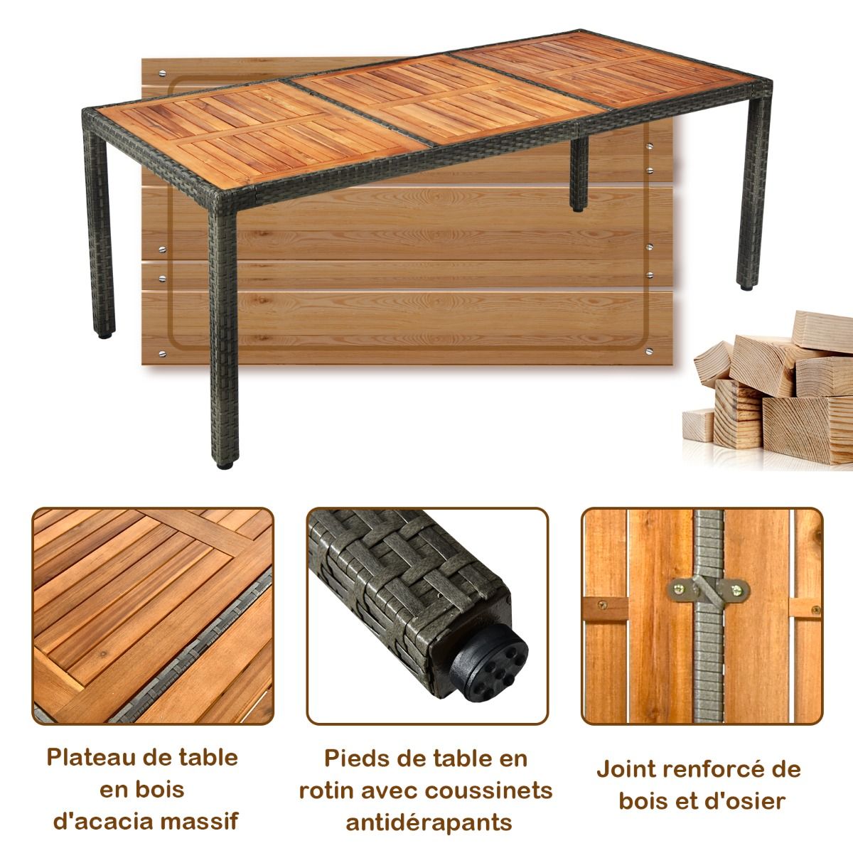 Salon de Jardin avec 1 Table et 8 Chaises en Bois et Rotin Synthétique Anti-UV Pieds Réglables et Coussins Imperméables Inclus