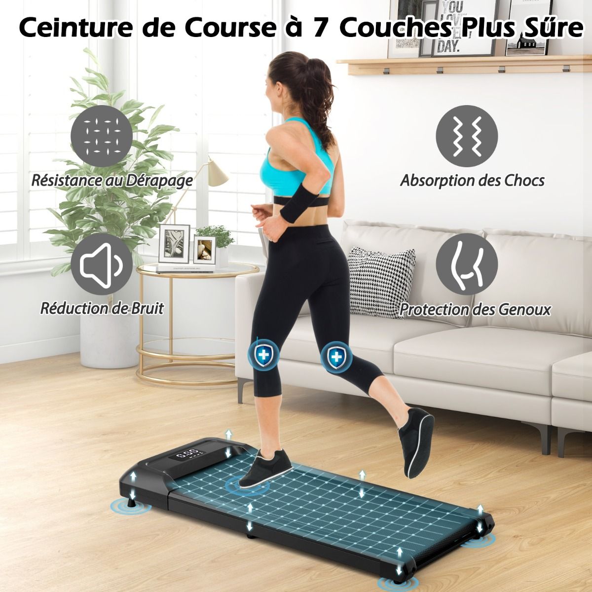 Tapis de Course Mince Tapis de Jogging avec Capacité de 120 Kg Télécommande et Écran Led Inclinable à Roulettes Tapis de Course à Glisser Gris/Noir/Rose