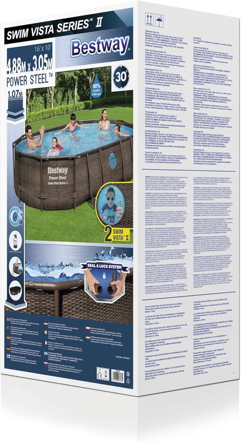 Bestway 56946 Piscine Power Steel™ Swim Vista ovale 488 x 305 x 107 cm motif rotin avec hublots, filtration à sable, échelle, bâche et diffuseur Chemconnect™