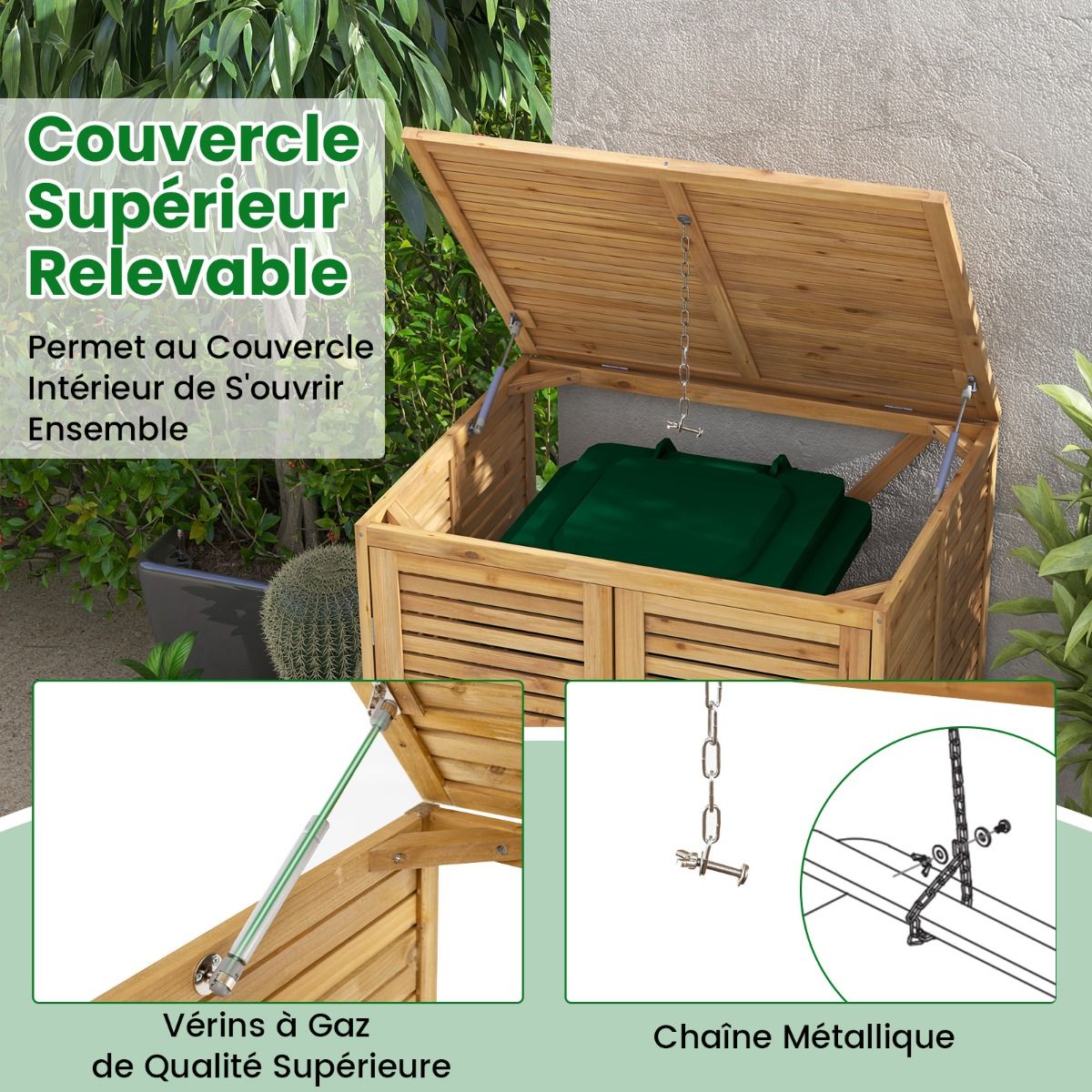 Abri à Poubelle en Bois de 120 L Abri pour Outils d'Extérieur avec Couvercle Ouvrable Doubles Portes Loquet de Verrouillage Naturel