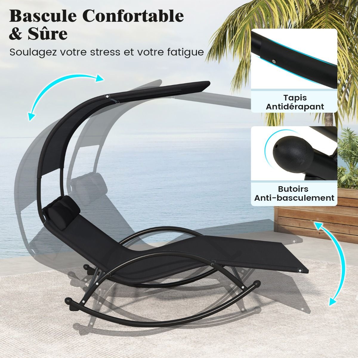 Chaise Longue Double Chaise à Bascule pour 2 Personnes 2 Appui-Têtes Amovibles Cadre en Métal Robuste Lit de Repos Ergonomique 2 Places Gris/Noir/Beige