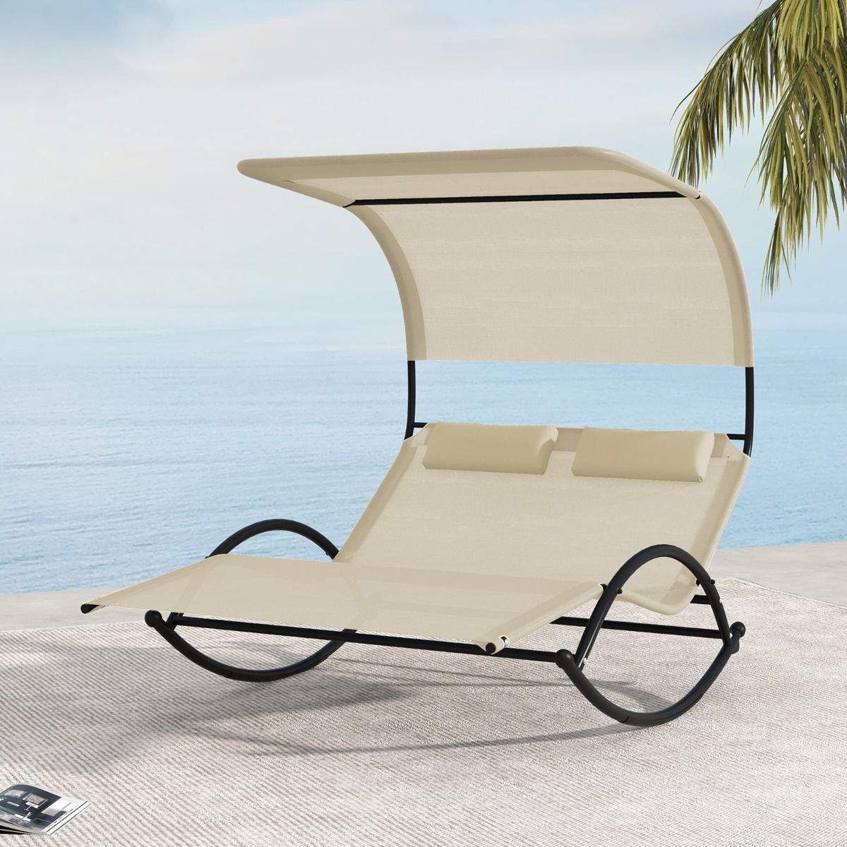 Chaise Longue Double Chaise à Bascule pour 2 Personnes 2 Appui-Têtes Amovibles Cadre en Métal Robuste Lit de Repos Ergonomique 2 Places Gris/Noir/Beige