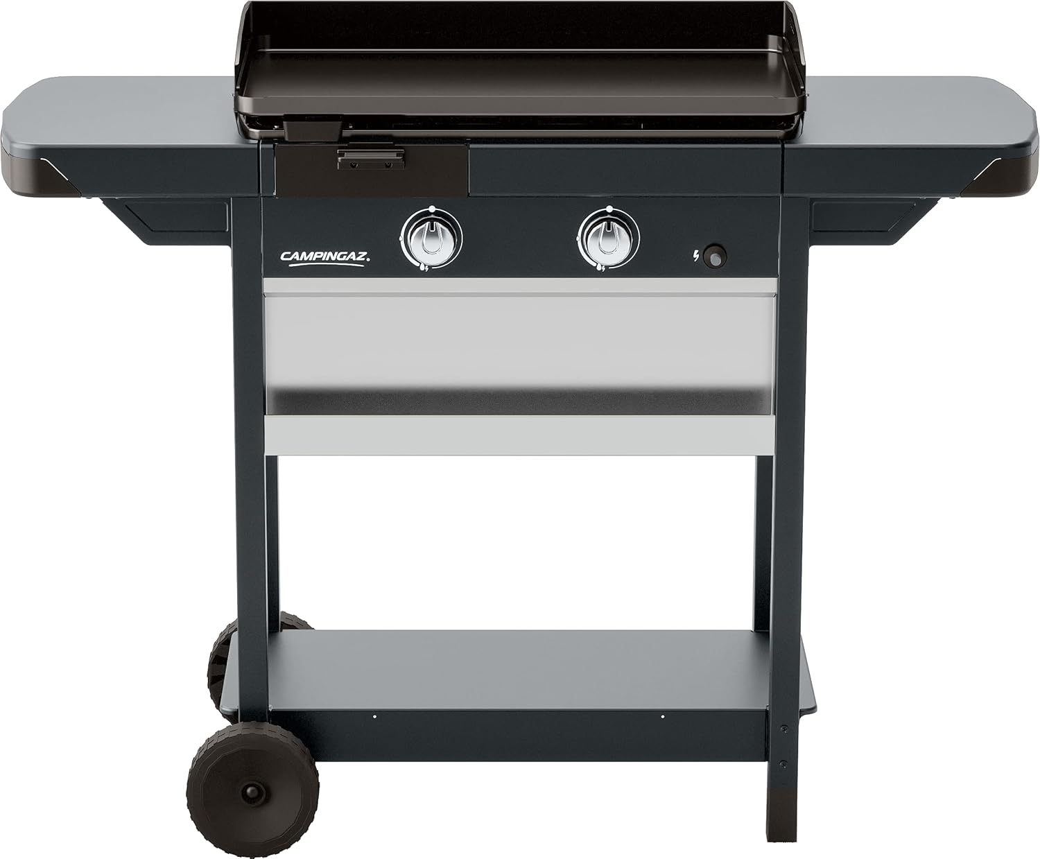 Campingaz Plancha EXB Plus, plancha au gaz sur chariot, grill gastronomique avec plaque en acier émaillé et 2 brûleurs, puissance 7500 W, pour des grillades méditerranéennes, Noir