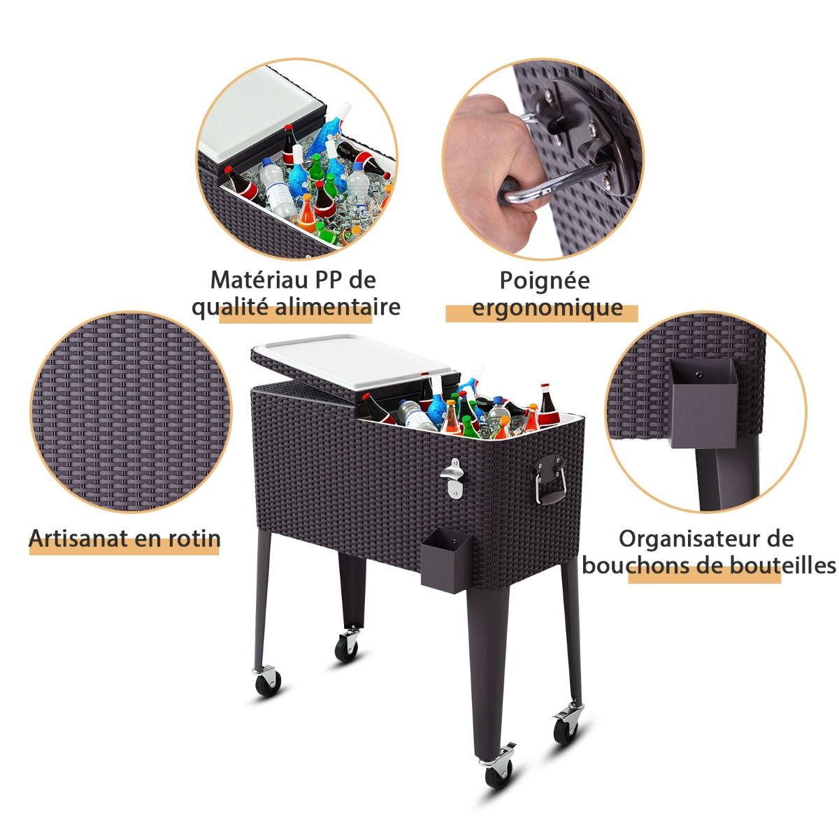 Glacière à Roues Verrouillables 76L Dessert de Glace avec Décapsuleur et Réceptacle à Capsules en PP de haute alimentaire Garder au Frais 72h 83 x 48 x 87 CM