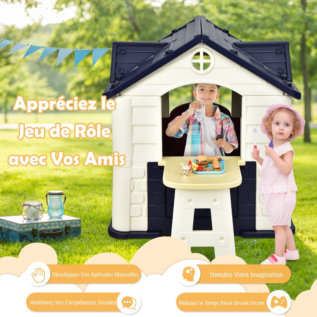 Maison Chef House -Thème Burger Bar - Table de Pique Nique Cabane de Jardin Anti-UV en Plastique 164x124x132 cm Bleu/Rose/Jaune