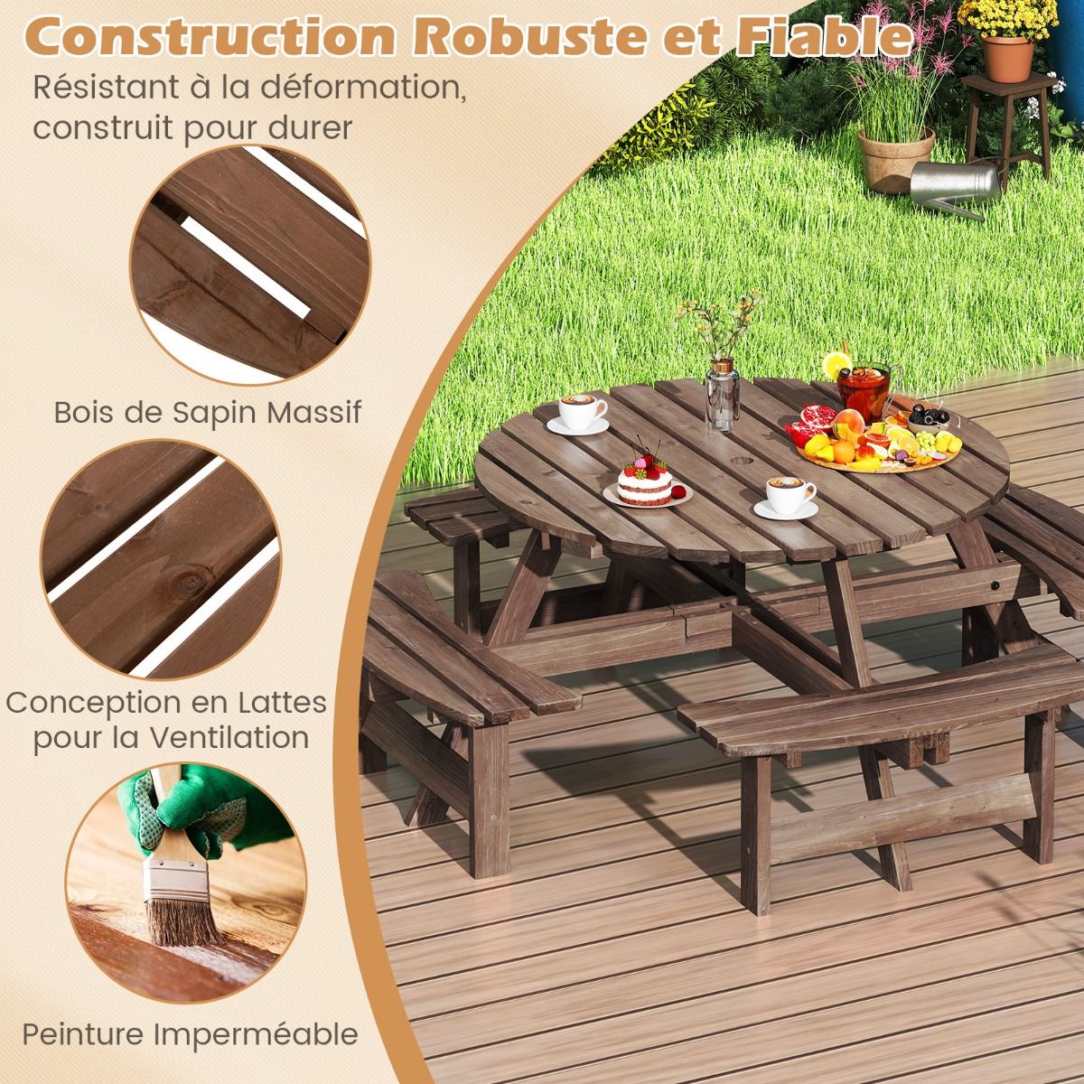Ensemble Table de Pique-Nique en Bois pour 2 à 8 Personnes Set Table et Banc Circulaire avec 4 Bancs Intégrés Trou de Parasol de 5cm Marron/Jaune