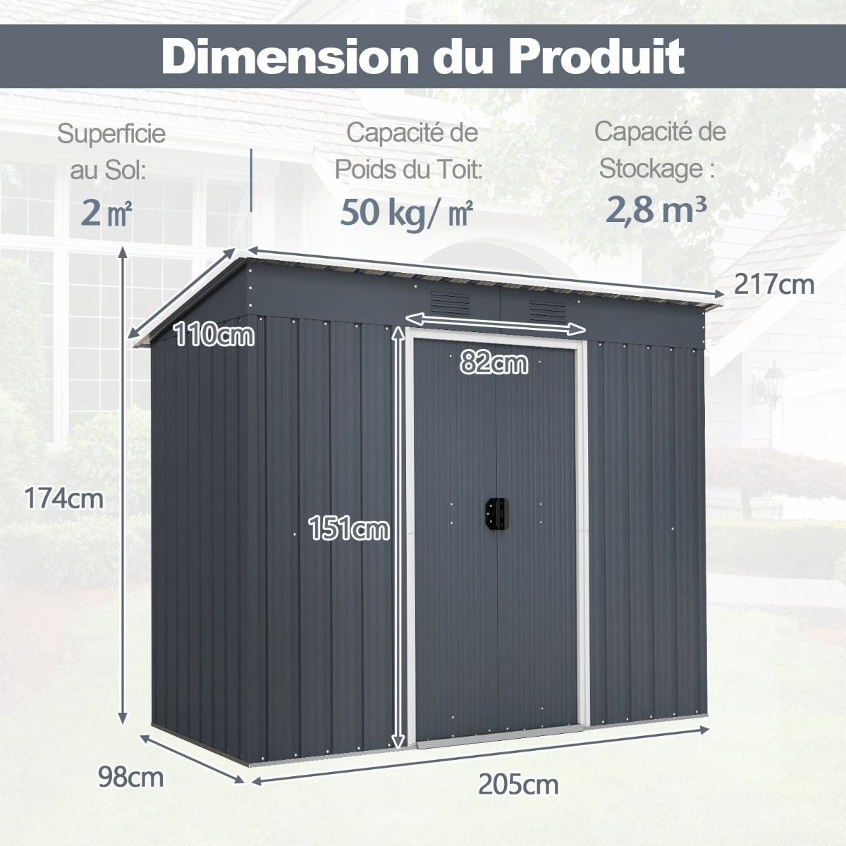 Abri de Jardin Métal 2,4 ㎡ Toit Monopente Cabane de Jardin 2 Portes Coulissantes Verrouillables Fondation 2 Trous d'Aération Gris