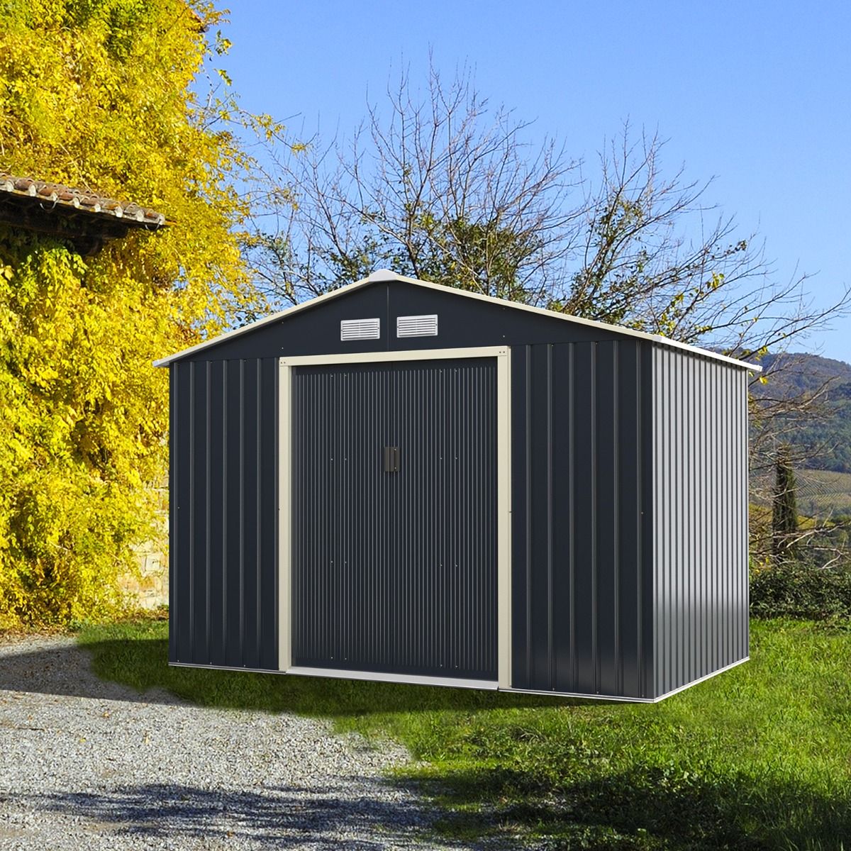 Abri de Jardin en Métal 5,29 ㎡277 x 191 x 202 cm avec 2 Portes Coulissantes Verrouillables 4 Trous d’Aération Gris pour Vélo