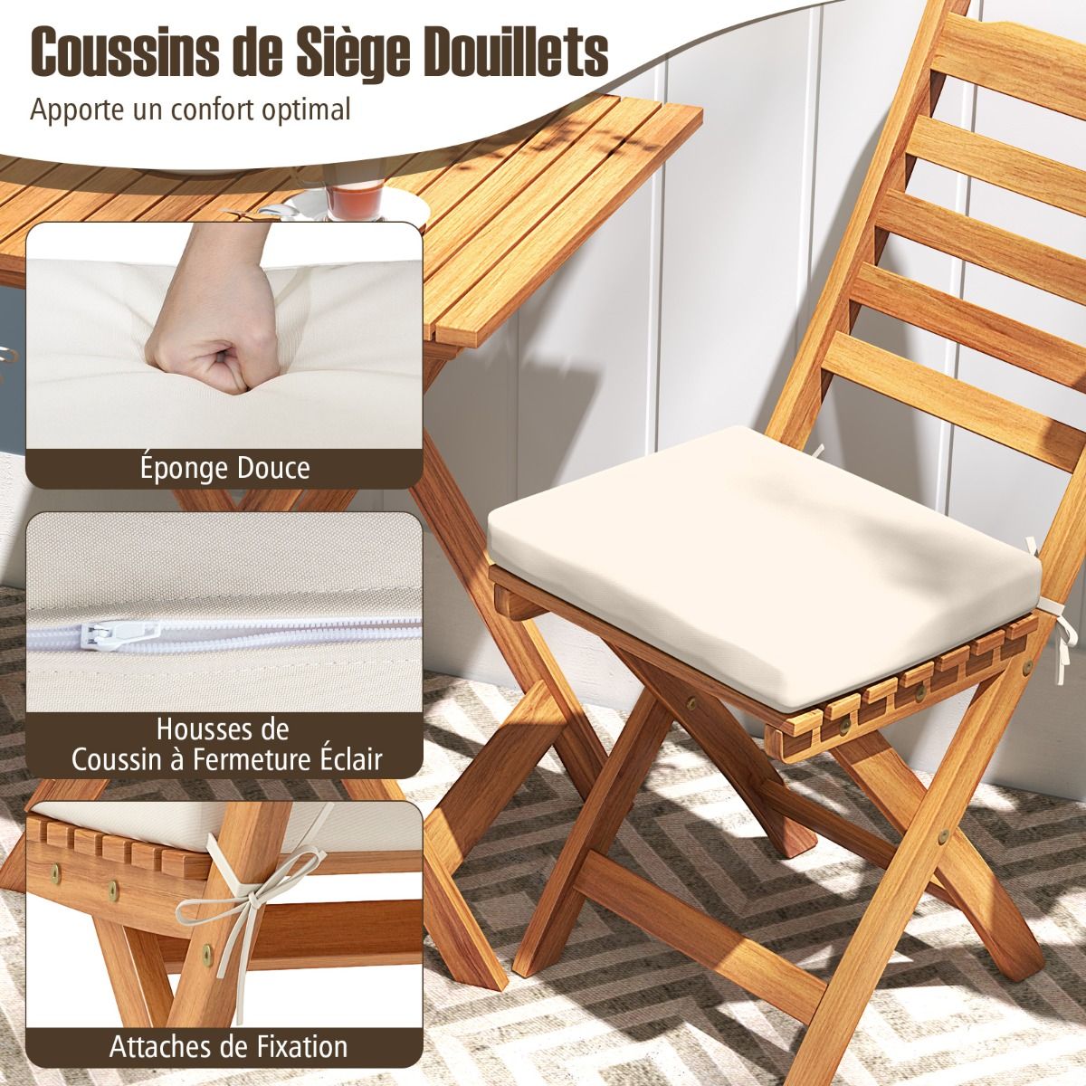 Ensemble Bistrot d'Extérieur en Bois d'Acacia Ensemble de Chaises Pliantes et Table Coussins de Siège Sans Accoudoirs à Dossier Haut Blanc