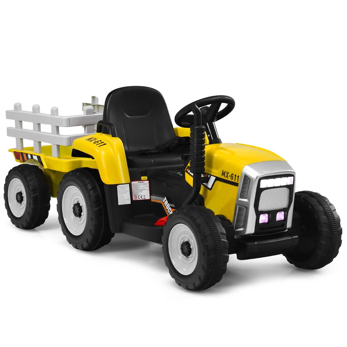 Tracteur Electrique avec Remorque pour Enfants 3 Vitesses Lumières LED Fonctions Audio USB et Bluetooth Jaune/Rose/Rouge/Vert/Vert Foncé/Noir