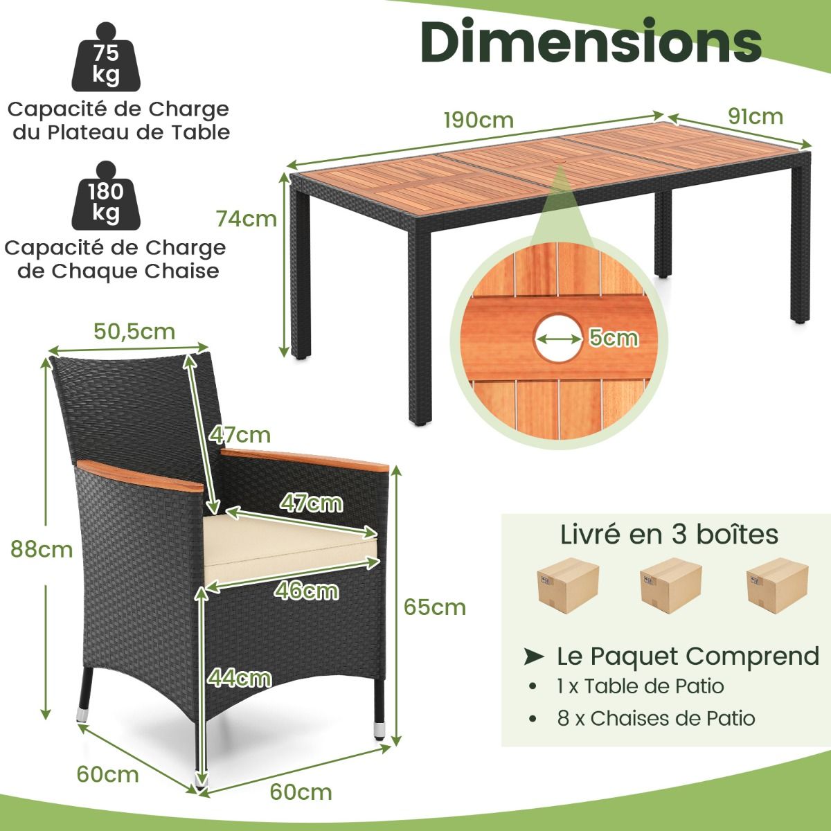 Salon de Jardin en Rotin 9 Pièces Plateau de Table en Acacia Ensemble de Salle à Manger avec Coussins Amovibles Trou Charge 180KG Beige+Noir