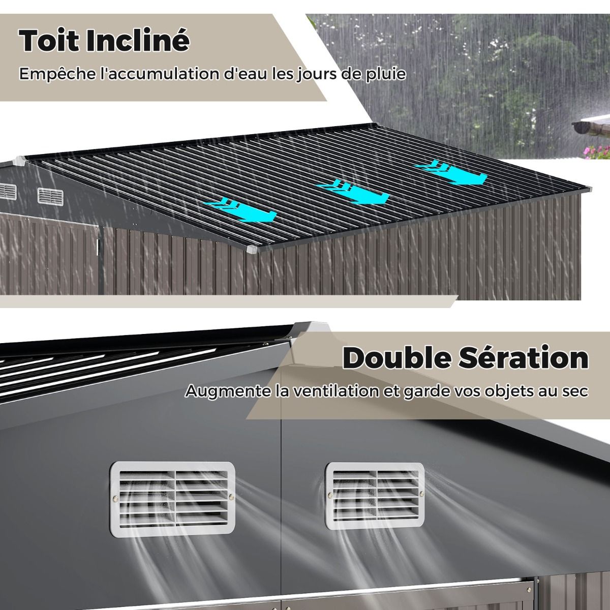 Abri de Stockage Extérieur Grand Hangar à Outils avec Design de Toit Incliné Portes Fermables avec Clés 4 Aérations 350x350x198cm Gris