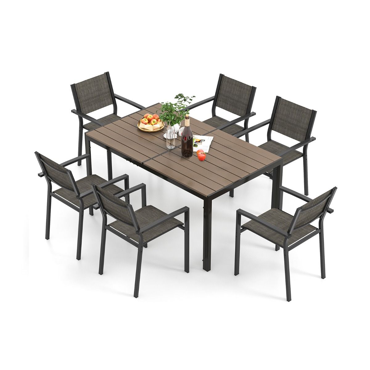 Ensemble de Meubles de Patio 7 Pièces pour 6 Personnes Salon de Jardin avec 6 Chaises Empilables et Table Rectangulaire Gris