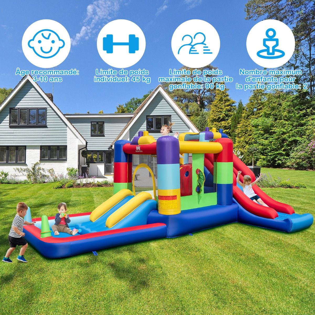 Château Gonflable Maison Rebondissante Gonflable avec Souffleur de 680W Toboggan et Zone de Saut Maison de Jeu Gonflable pour 3 - 10 Ans