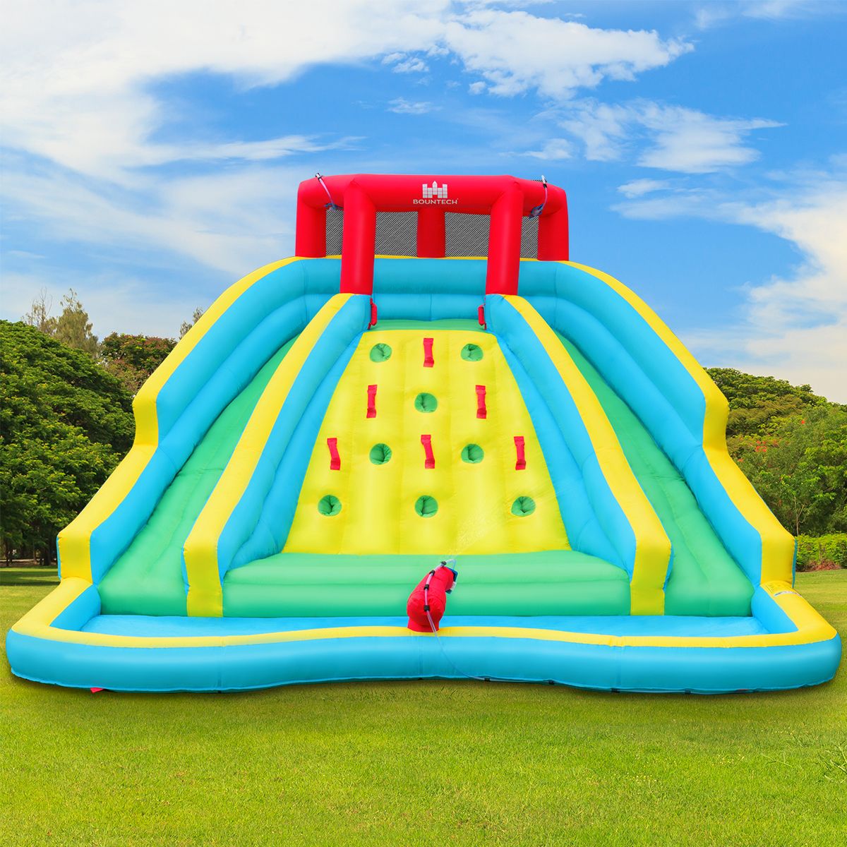 Toboggan Aquatique Gonflable 5 en 1 avec Pataugeoire Aire de Jeux Gonflable en Oxford avec Mur d'Escalade Charge 150kg pour 3-10 Ans (sans Souffleur)